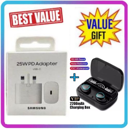 Samsung Original 25W Faster Charger Adapter for Galaxy A15,A25,A05S With type C Output + M10 Bluetooth Earbuds